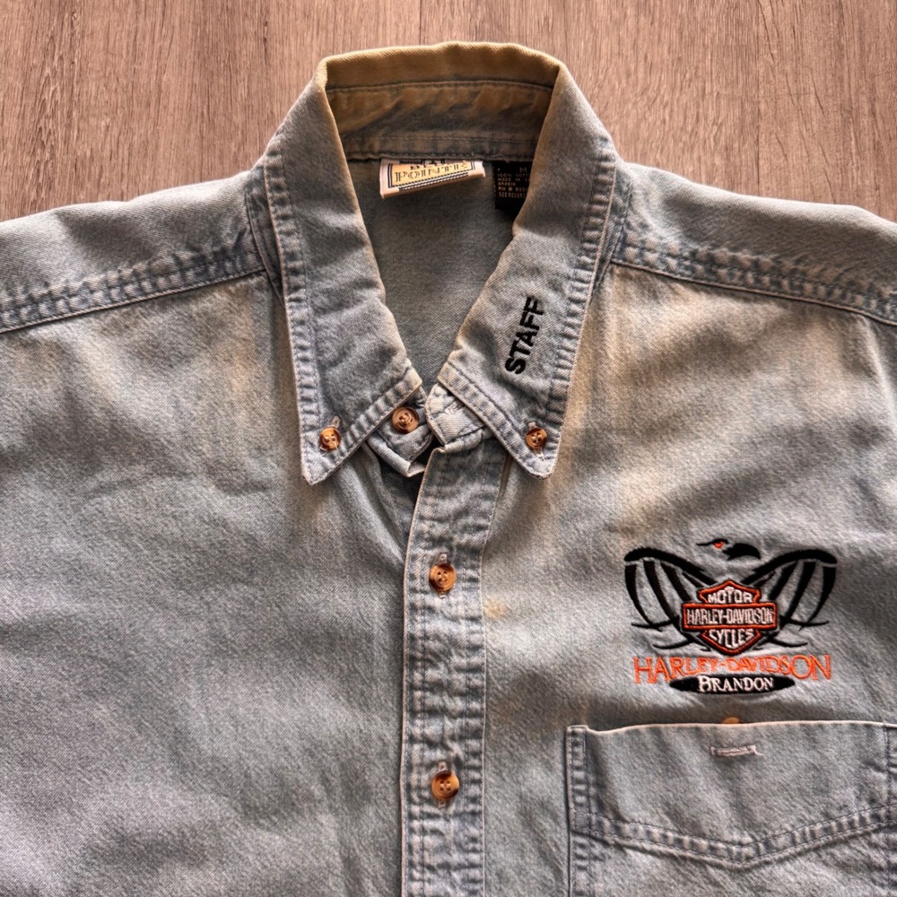 Vintage Harley Davidson Brandon Staff Denim Shirt Blue Pointe Mens Medium Blue